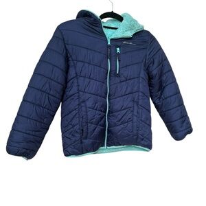 Eddie Bauer Navy Blue Puffer Jacket Hood Hooded Furry Fuzzy Interior 10 12 M